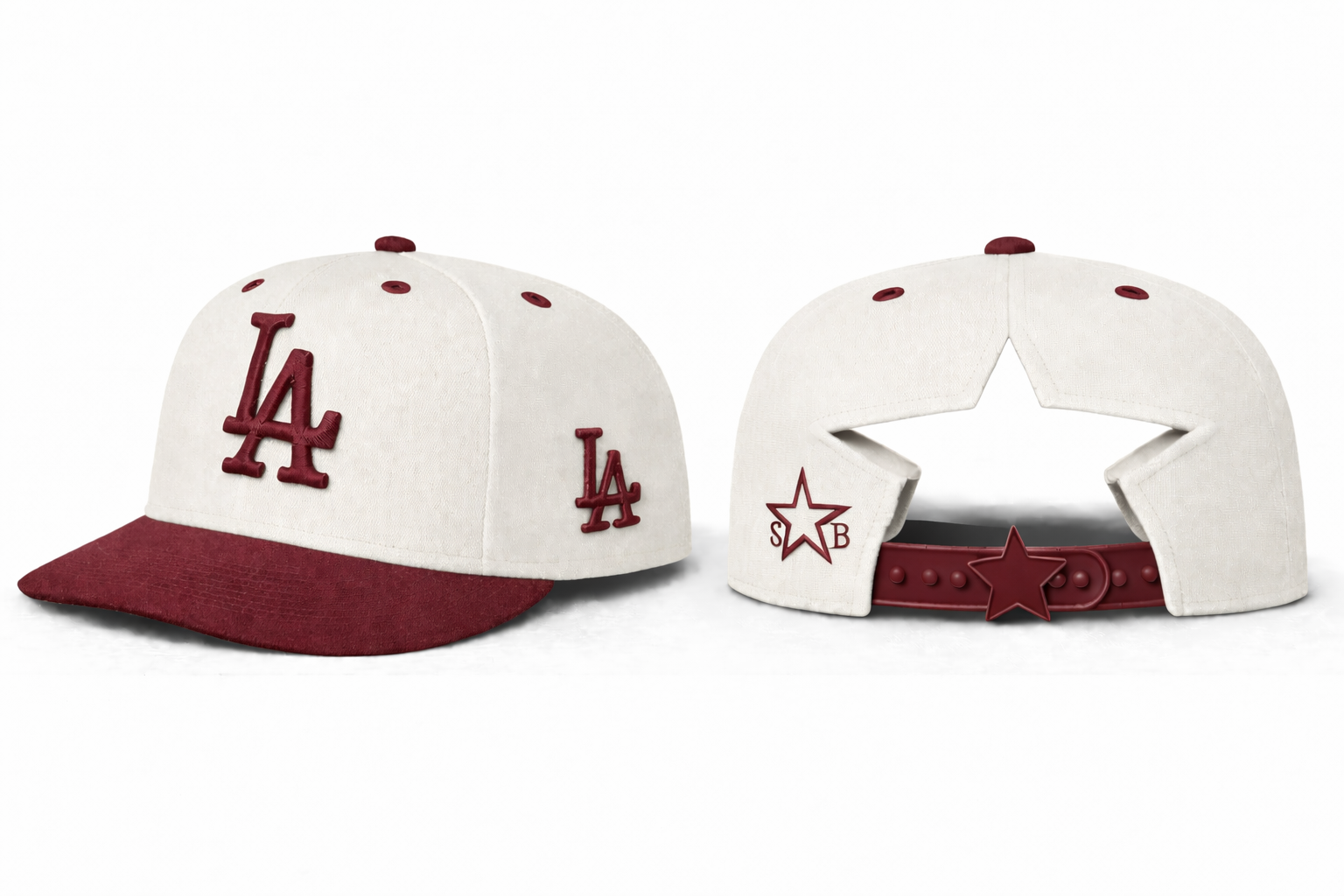 Maroon and white LA starback hat